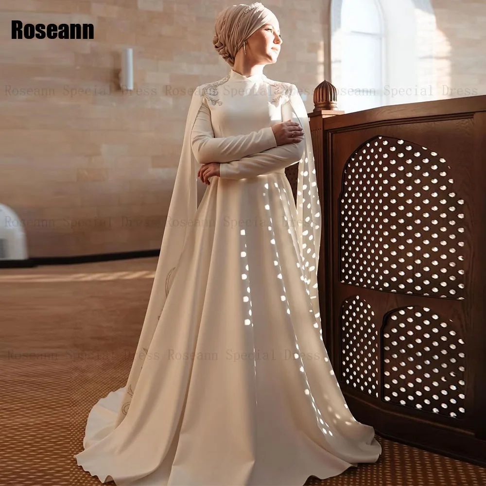 Muslim Exquisite Ivory A-line Wedding Dresses Applique Flowers O-Neck Full Brush Train Floor Length Bride Dress robe de mariée