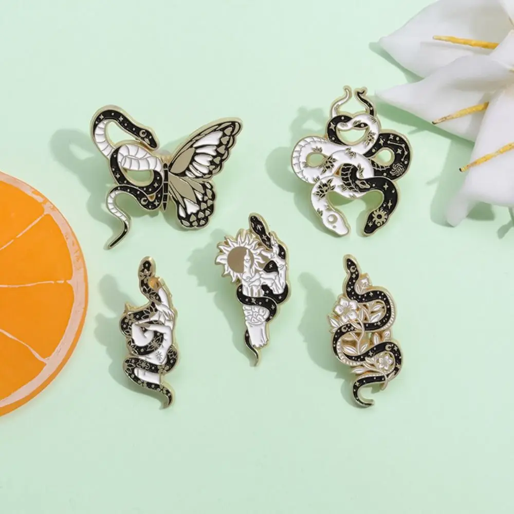 Sun Moon Snake Butterfly Snake Enamel Pins 3D Gothic Animal Black White Snake Winding Brooch Hollow Out Design Anti-slip