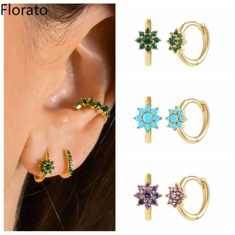 Colorful Zircon 925 Sterling Silver Ear Needle Small Daisy Windmill Wreath hoop Earrings Minimalist CZ Earrings Fashion Jewelry