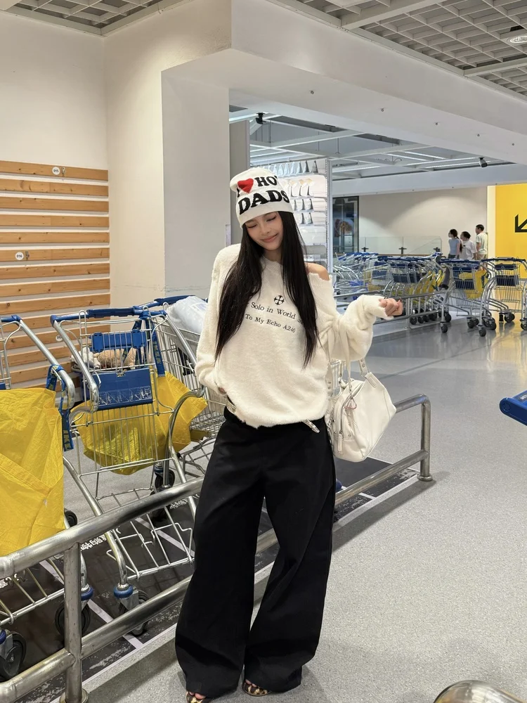 

Американский свитер Sle Spicy Girl Destroyed на пуговицах с наклонными плечами, женский свободный топ с ленивыми плечами, трикотаж Ins Sle Long Sve