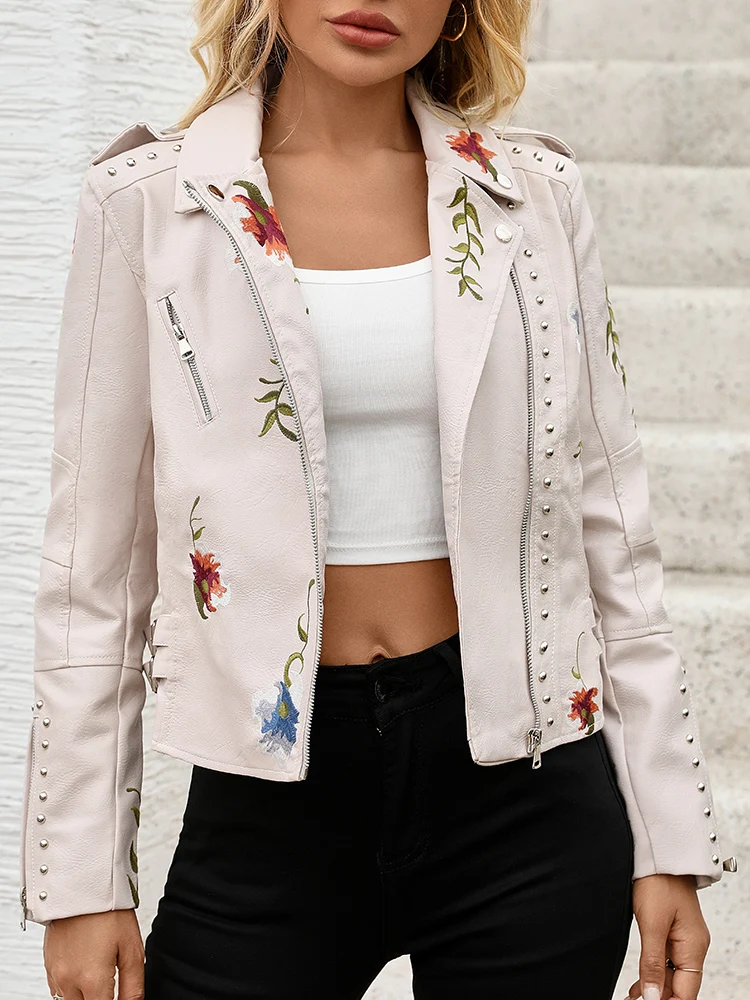 

Ailegogo Spring Autumn Women Floral Print Embroidery Rivet Faux Leather Jacket Streetwear Female Vintage Zipper Coat Outwear