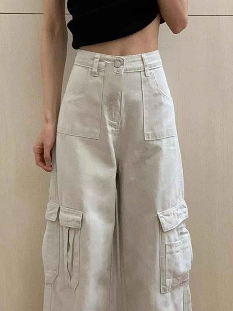 Estilo americano cintura alta carga jeans feminino outono novo bege retro solto perna larga reta calças versáteis