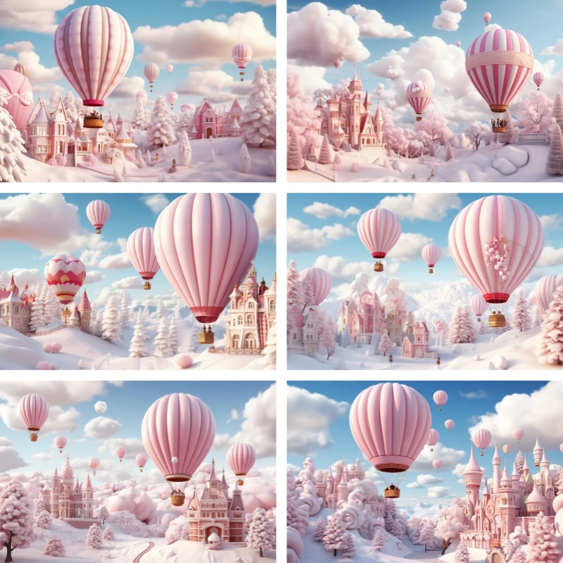 

Winter Pink Hot Air Balloon Backdrops For Girl Portrait Photo Shoot Fairytale In The Forest Snow Xmas Photography Backgrounds