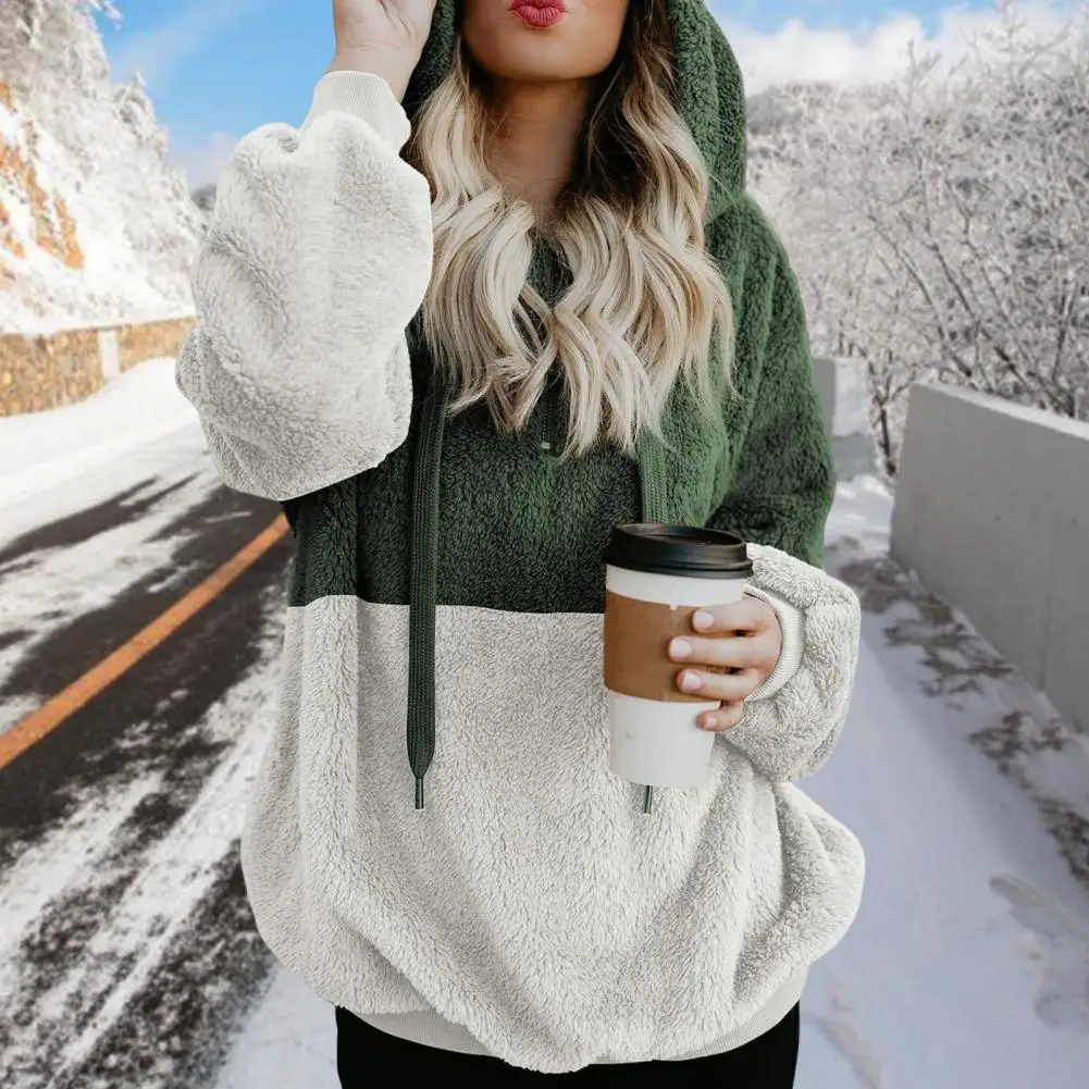 

Women Hoodie Color Block Plush Patchwork Streetwear Autumn Winter Loose Ribbed Cuff Pullover Sweatshirt for Outdoor Sudaderas