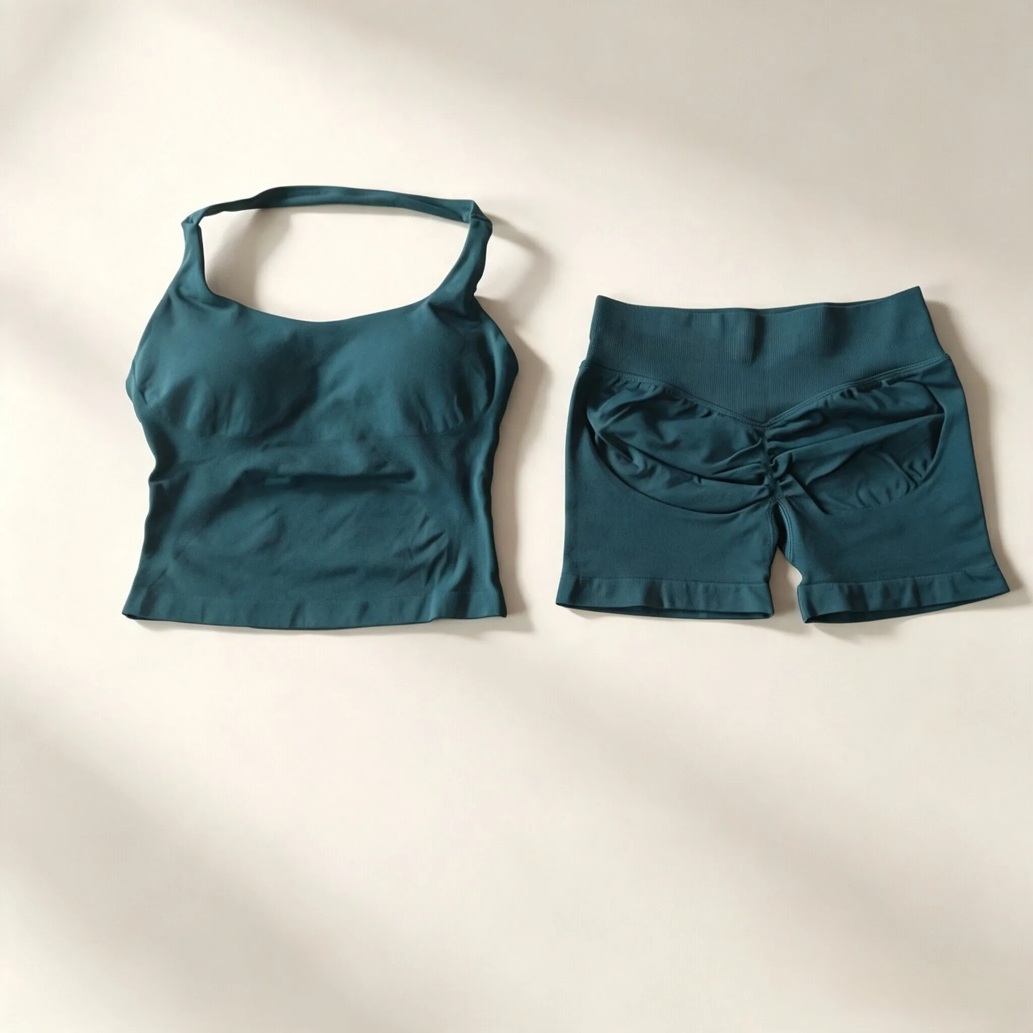 Dneyf 1D-3Y-2F Damen Neckholder Crop Sport-Top & Rüschen Scrunch Butt Shorts 2-teiliges Set Schnelltrocknendes Fitness Yoga Workout Outfit – Detail 14