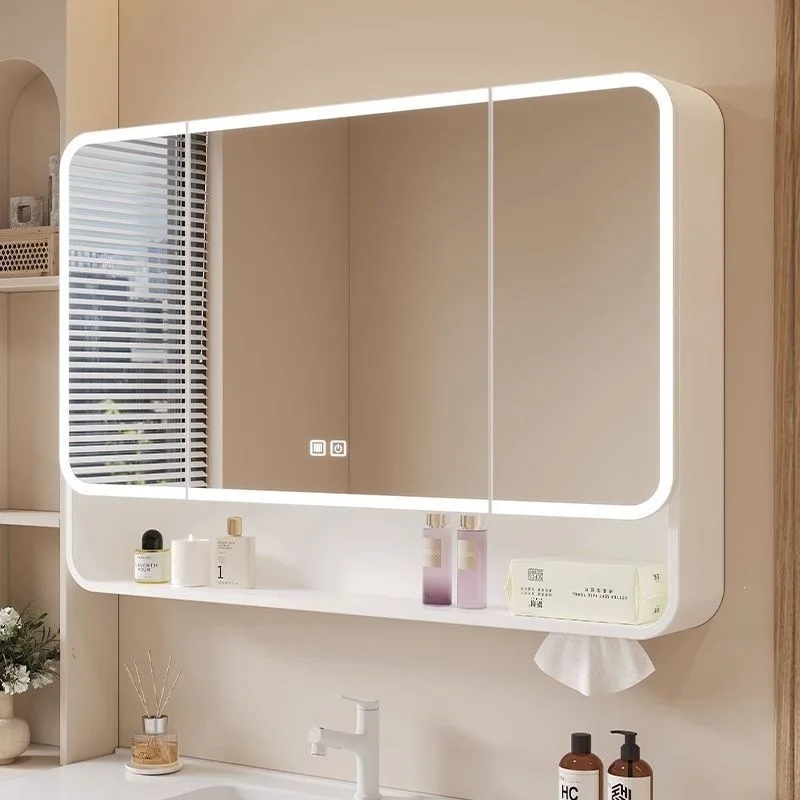 Modern simple bathroom bathroom cabinet intelligent heightening double door fully enclosed mirror cabinet mirror back