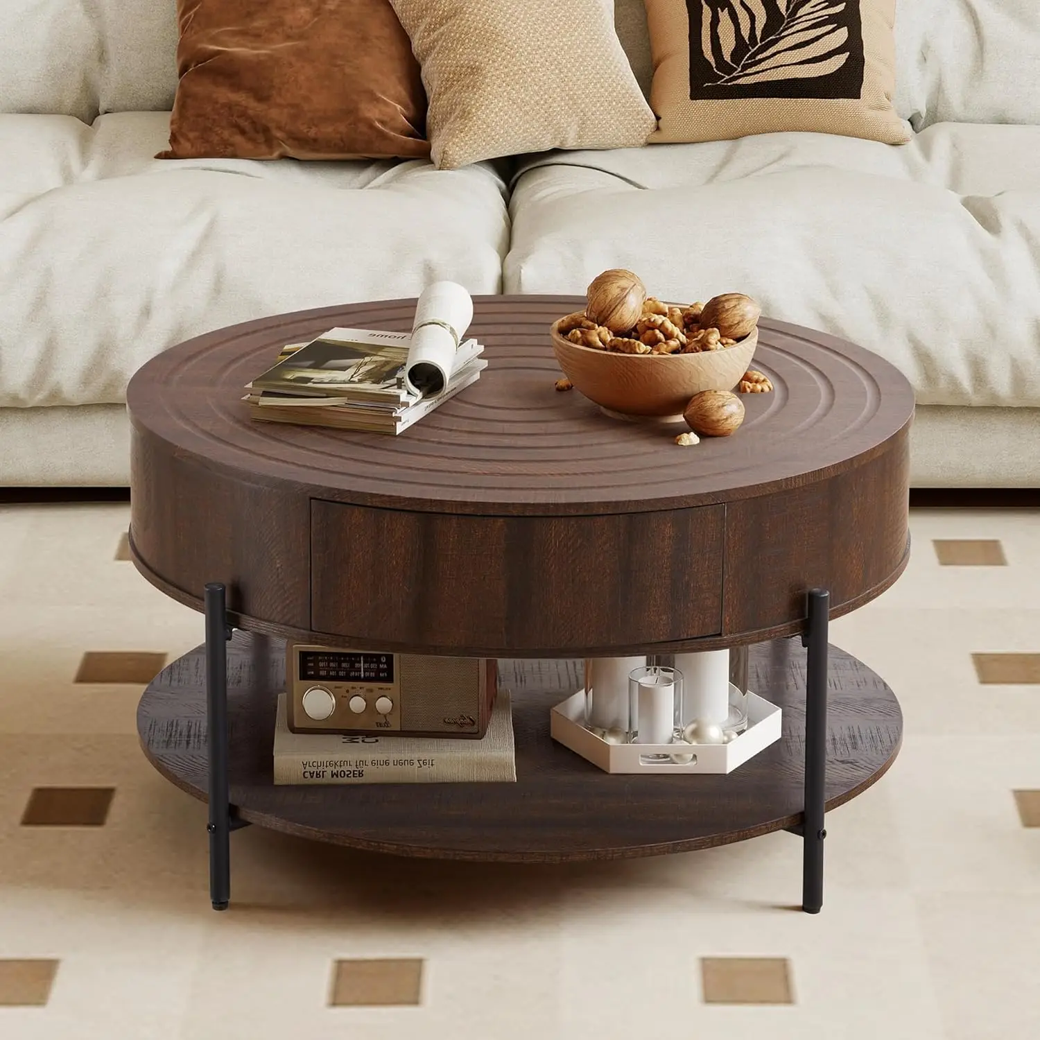 Round Coffee Table,Circle Coffee Table for Living Room,2-Tier Rustic Wood Desktop with Storage Shelf,Mid-Century, Customized