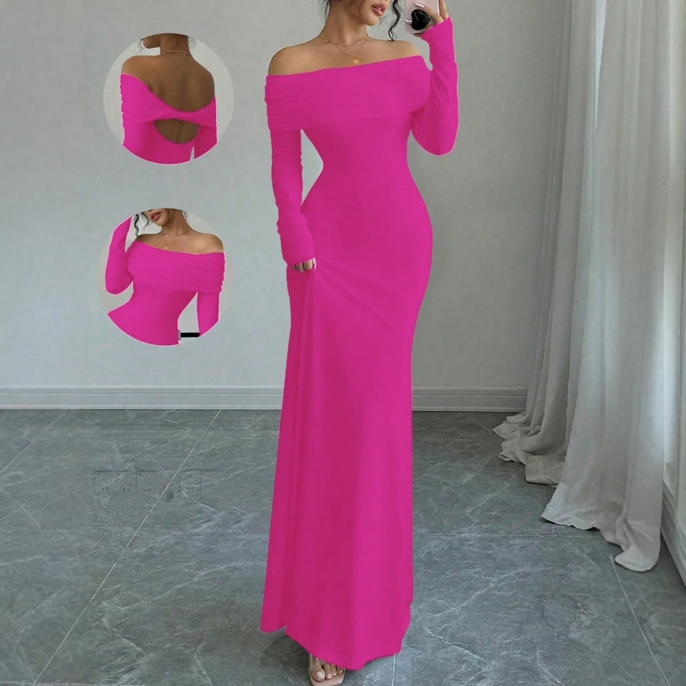 Robe de soirée élégante pour femmes, basique, manches longues, épaules dénudées, dos découpé, coupe cintrée, été