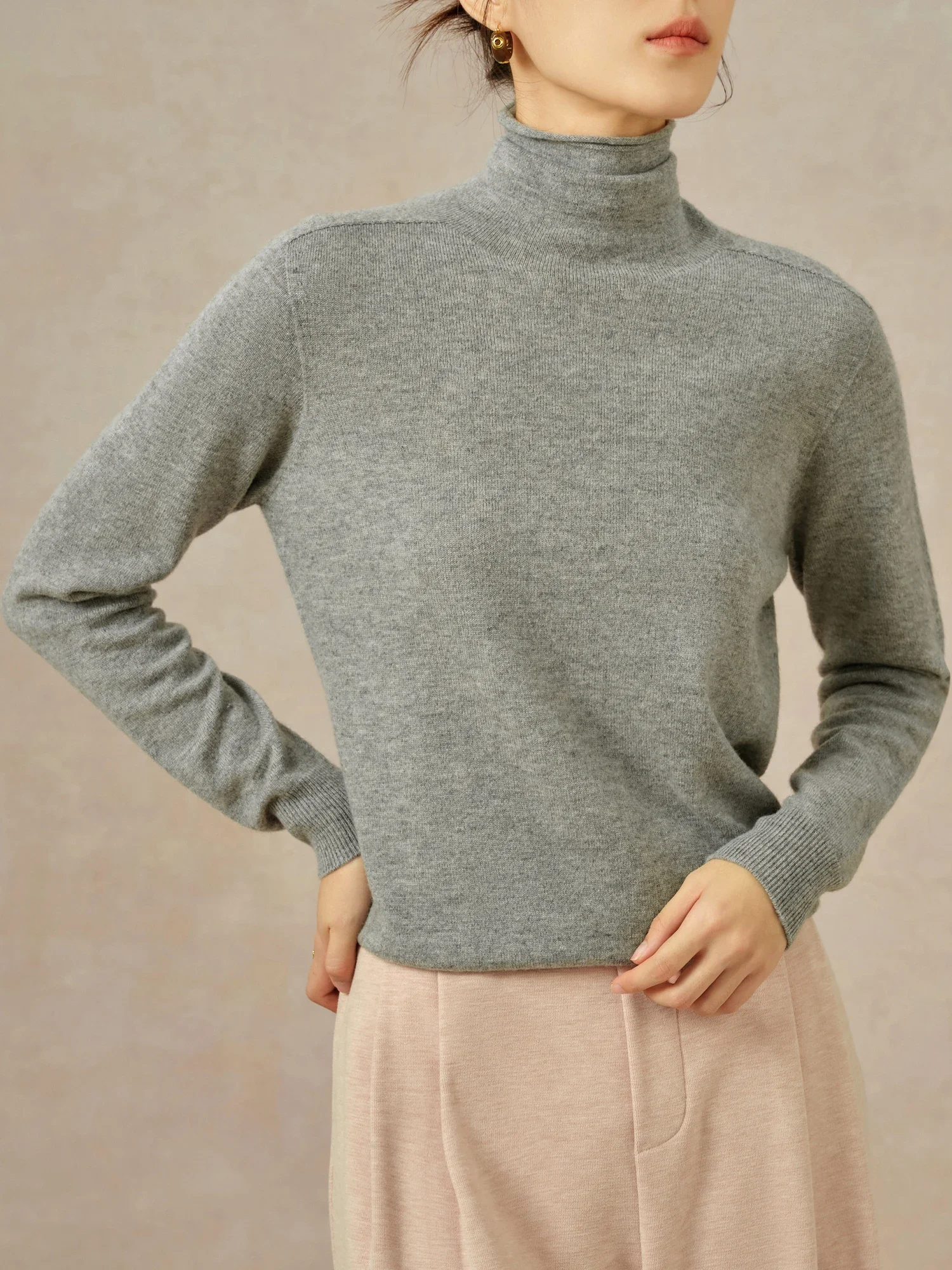 DUSHU【5 Colors】Women Wool Pullover 100% Wool Round Neck Beige Simple Female Winter Long Sleeve Sweater Top 24DS84073+24DS84054