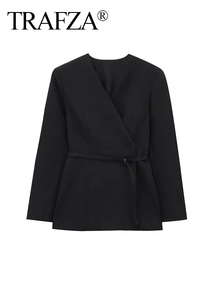 TRAFZA Damesmode Veelzijdig Effen V-hals Casual pak met riem Vrouwelijk Elegant Eenvoudig 2-kleuren Commuter Blazer met lange mouwen