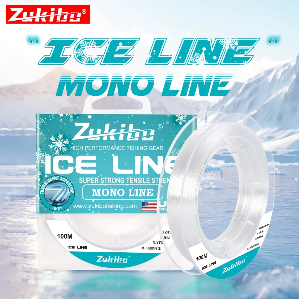 Zukibo linha mono de gelo cristal super forte resistência à tração linha de pesca de náilon macio design dos eua baixa memória alta resistente à abrasão