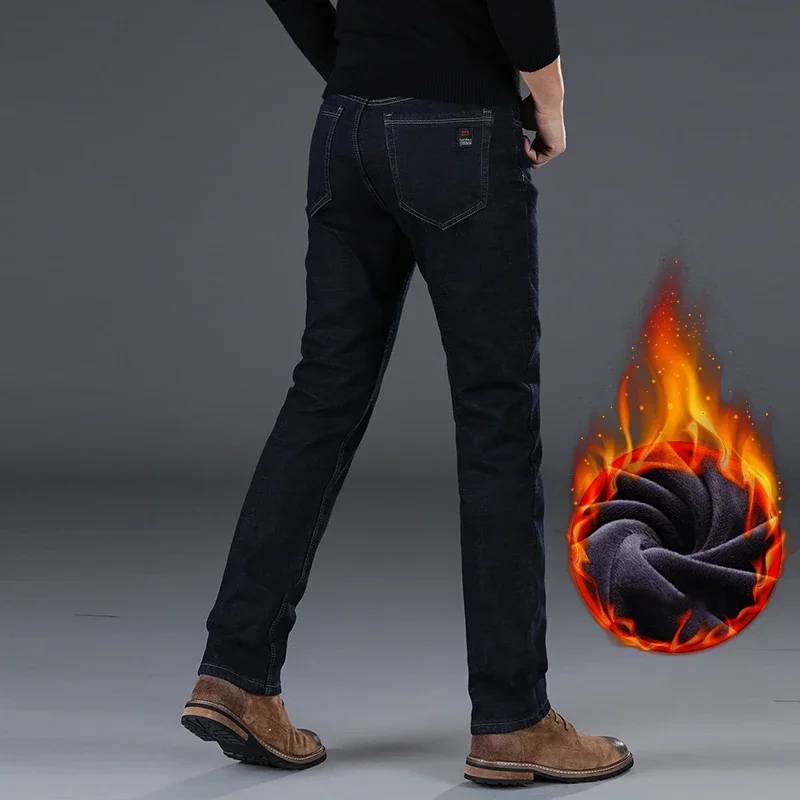 

Winter Men's Classic Fleece Warm Jeans Fashion Black Blue Straight Leg Thicken Velvet Casual Denim Pants Mens Business Trousers