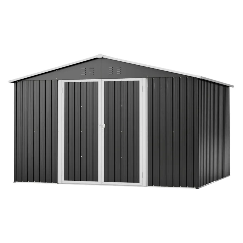 10*8FT Metall-Geräteschuppen mit Giebeldach, Schwarzes Großes Gartenhaus-Lagerhaus für Outdoor-Werkzeugaufbewahrung