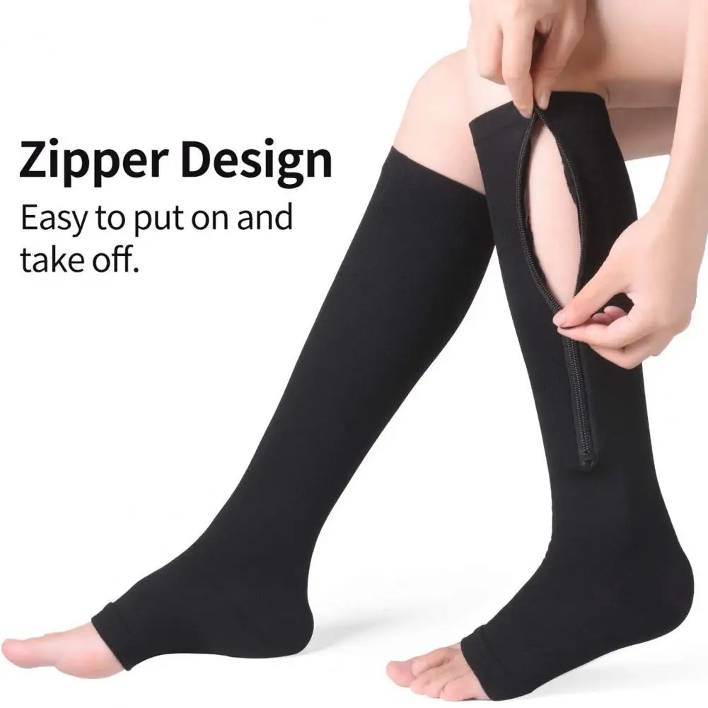 1 paio di calzini con Zip a compressione Zip-up tinta unita calze elastiche al ginocchio ad alta elasticità con punta aperta assistenza sanitaria