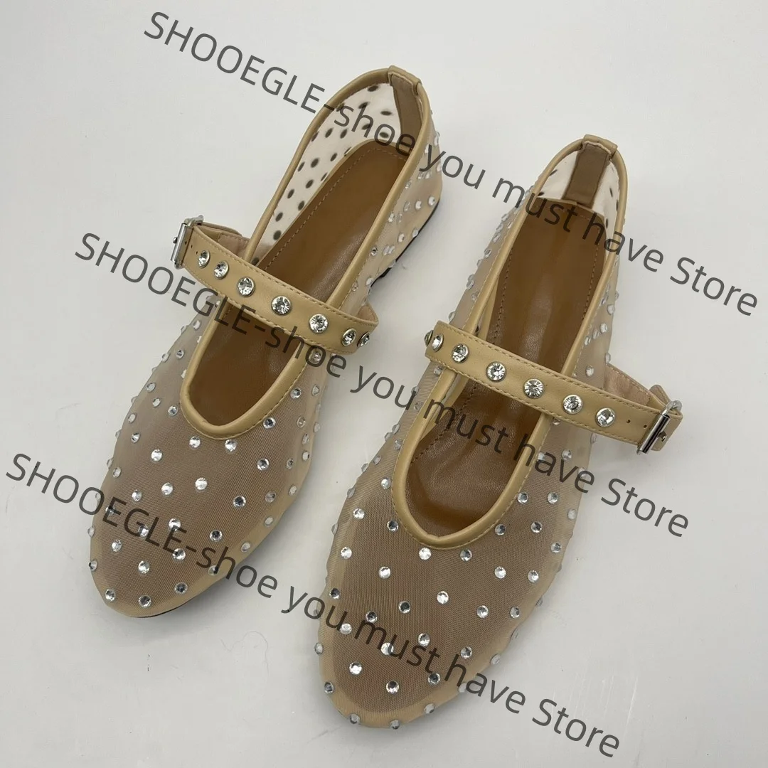 Women's Mesh Mary Jane Flats Crystal Detail Elegant  Classic Strap Pointed Toe Slip On Ladies Office Spring Casual Single Shoes