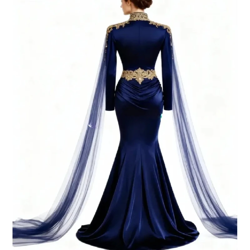 Vestido de noche azul marino con capa de encaje dorado elegante vestido de fiesta de sirena de manga larga vestido de fiesta Formal Abaya Vintage personalizado