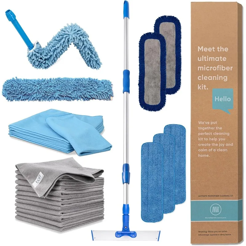 Dry & Wet Mop for Hardwood, Tile, Vinyl Floors | 12Pack Microfiber Cleaning Cloth | High Duster | Glass Cleaning Cloths