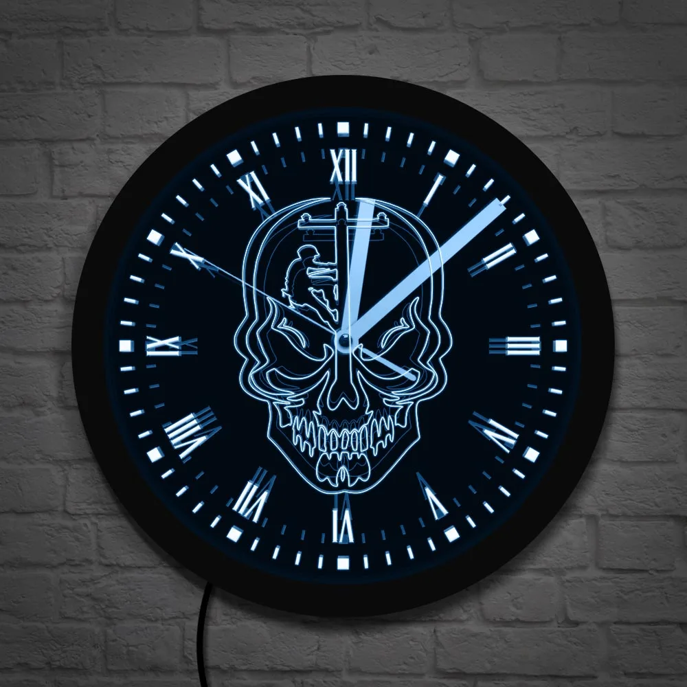 Power Lineman Skull Vintage Design Illuminated Wall Clock Journeyman Electrician LED Edge Lit Horror Wall Clock Wiremen Gifts