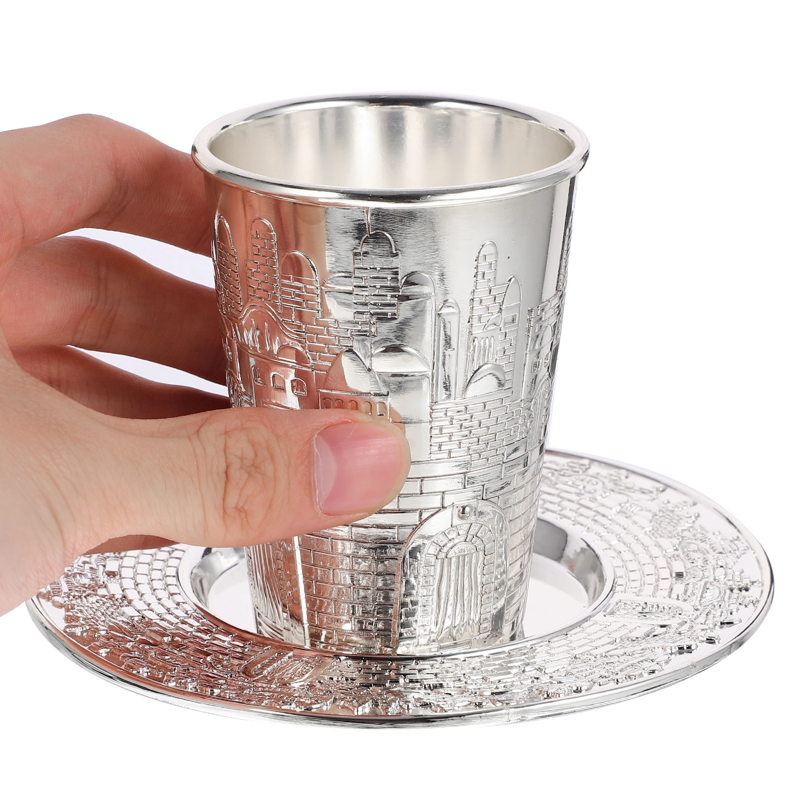 

1Set Zinc Alloy Kiddush Cup with Saucer Elegant Design Passover Shabbos Wine Cup Holiday Judaica Gift Shabbat Gift Option
