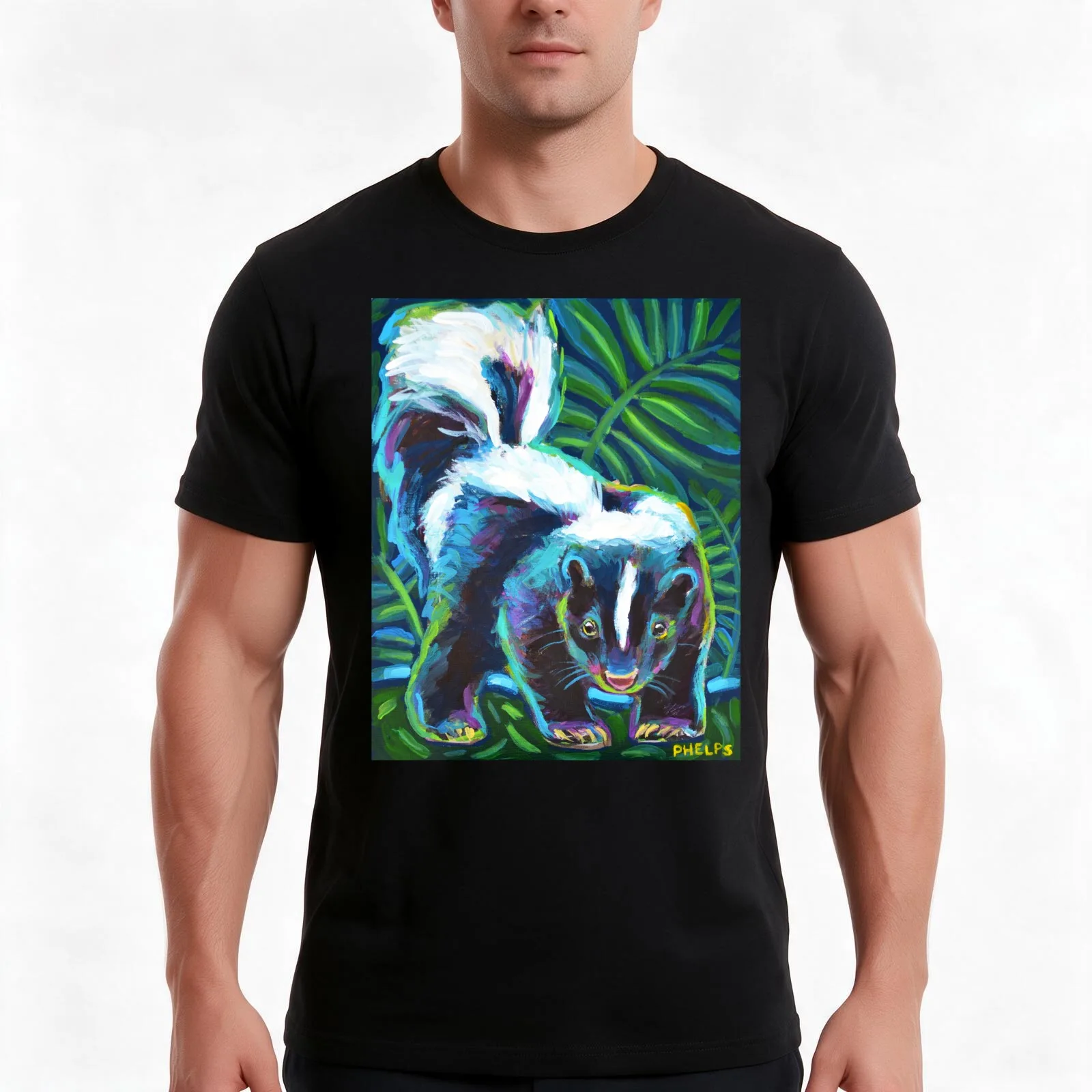 Colorful Skunk Art by Robert Phelps T-Shirt, Summer Casual Cotton Tee, Oversized Streetwear Tops, Vintage Graphic Print