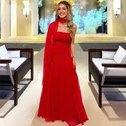 Red Evening Formal Dress Strapless Sleeveless Chffon Saudi Arabia Prom Party Gowns Vestidos Fiesta Robe De Soirée