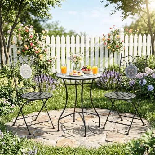 Set of 2 Mosaic Foldable Chairs (2 Pack,Black) | Outdoor Patio Chairs w/ Elegant Backrest & Breathable Seat, Robust