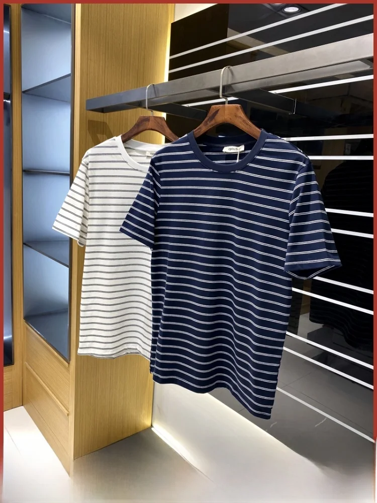 

Classic Striped T-irt Color Woven Sea Soul ort Sve round Ne Youthful Summer Faionable Couple Tops Stand Fit