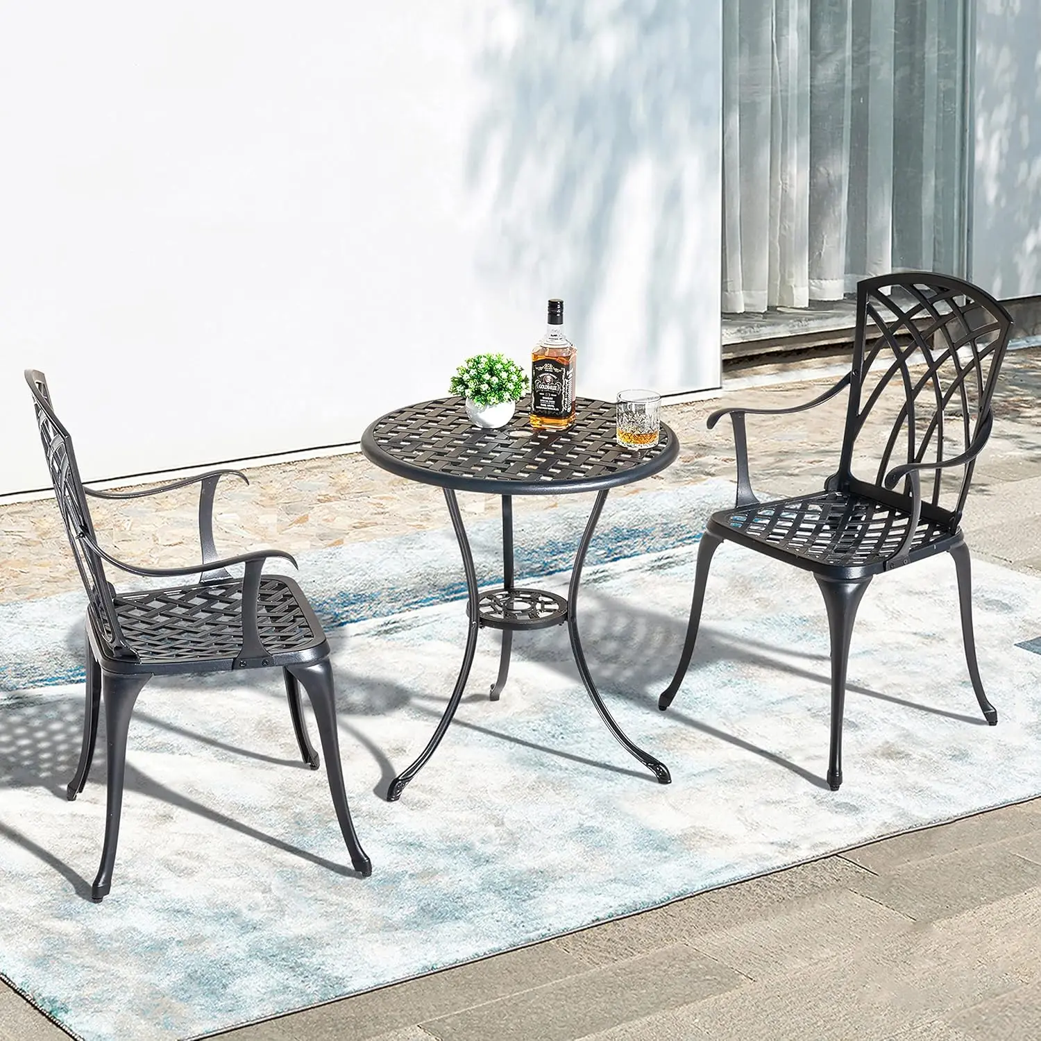 Patio Bistro Sets 3-delige gegoten aluminium bistrotafel en stoelen set met parasolgat Bistro set van 2 voor terrasrug