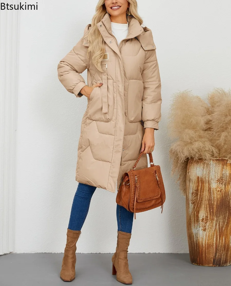 

Winter Long Pakas for Women Solid Color Padded Neck Stand Collar Down Mid Length Hooded Coats Woman Fashion Casual Warm Jackets