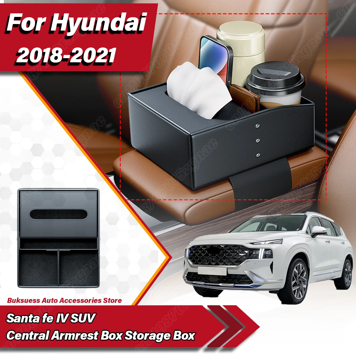 

For Hyundai Santa Fe IV SUV 2018 2019 2020 2021 2022 2023 Central Armrest Box Storage Car Interior Organizer Tray Accessories