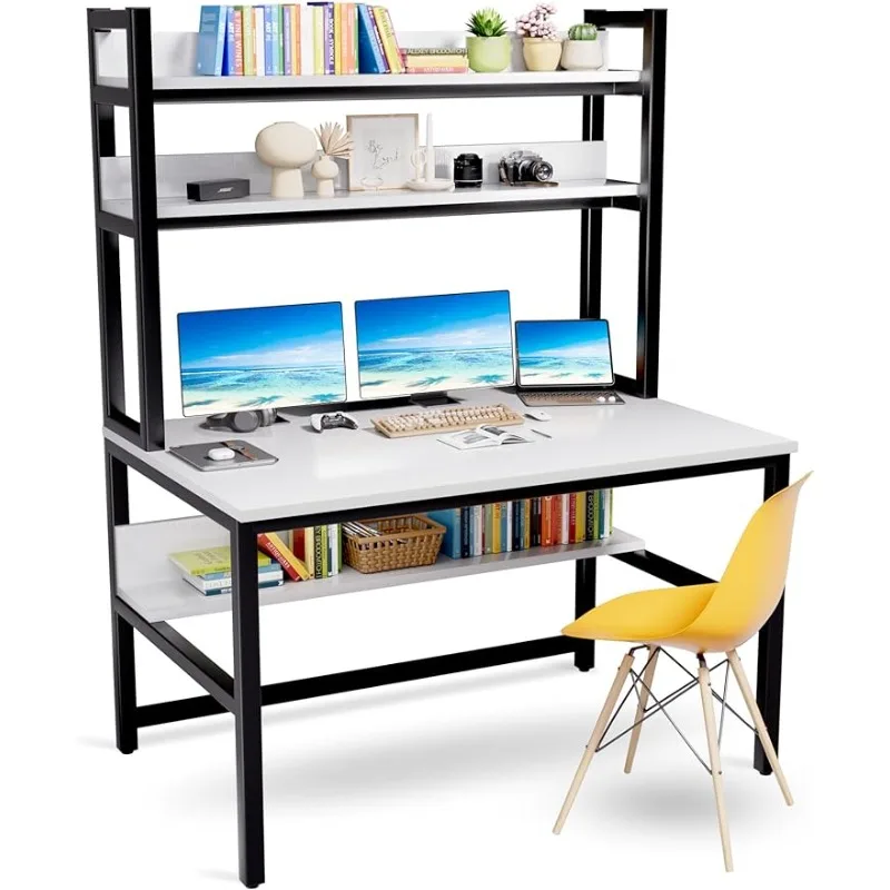 Aquzee Computer Desk with Hutch and Bookshelves, 55 inch Width White Desk with Shelves for Storage Alloy Steel, Engineered Wood