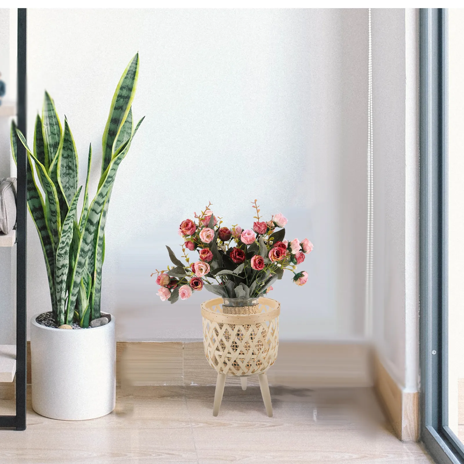 Woven Planter Basket Rustic Style Decorative Plant Pot Holder Indoor Outdoor Flower Pot Stand Balcony Flower Shelf Natural Wood