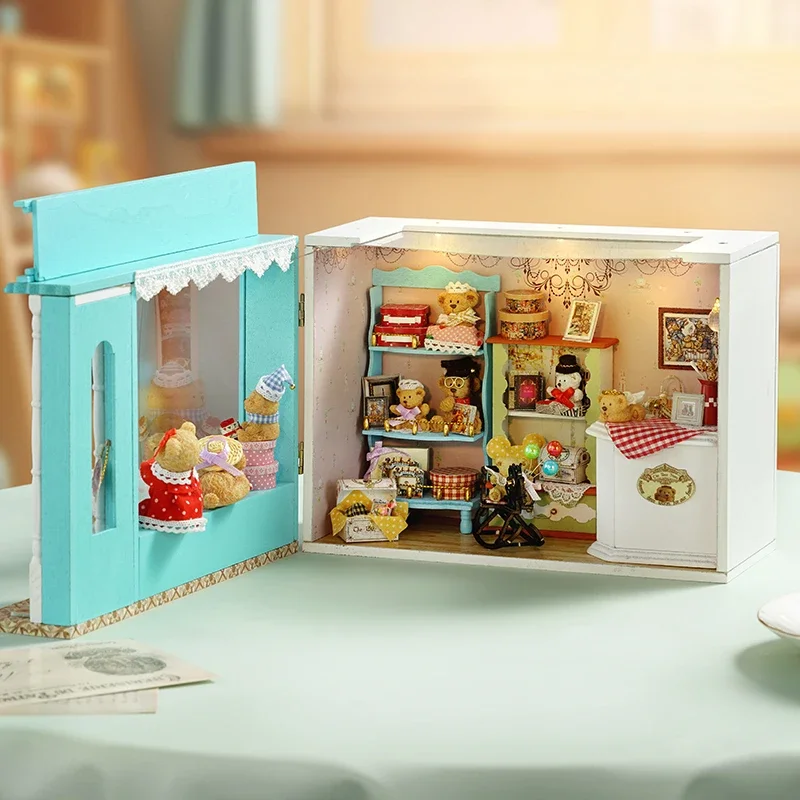 Cake Dollhouse The Bear Story Store Casa Miniature Model DIY Wooden Doll Houses Kit With Furniture for Girls Xmas Gifts