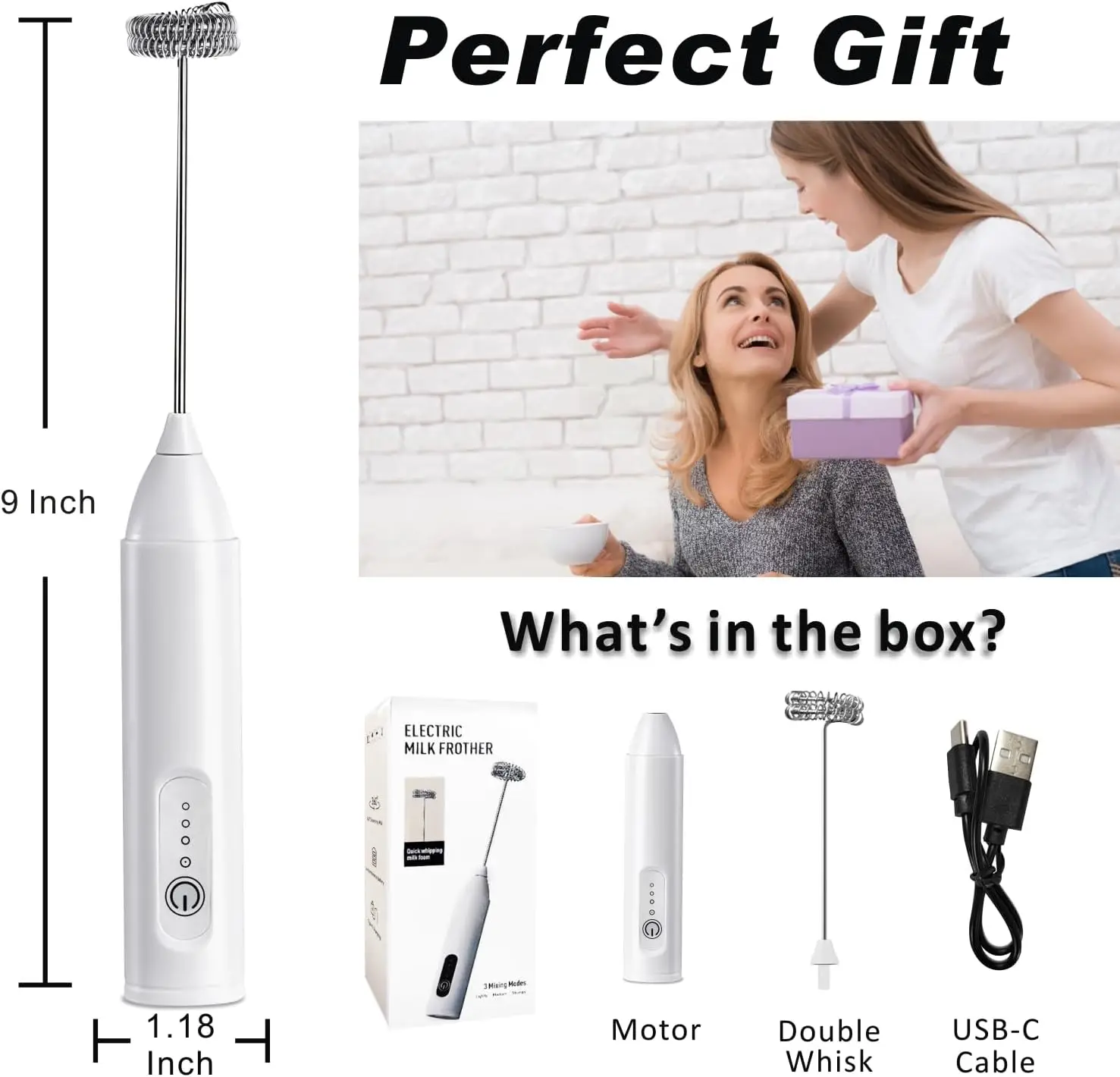 Handheld Electric Frother, 3-Speed Settings (Whip/Stir), 9.72