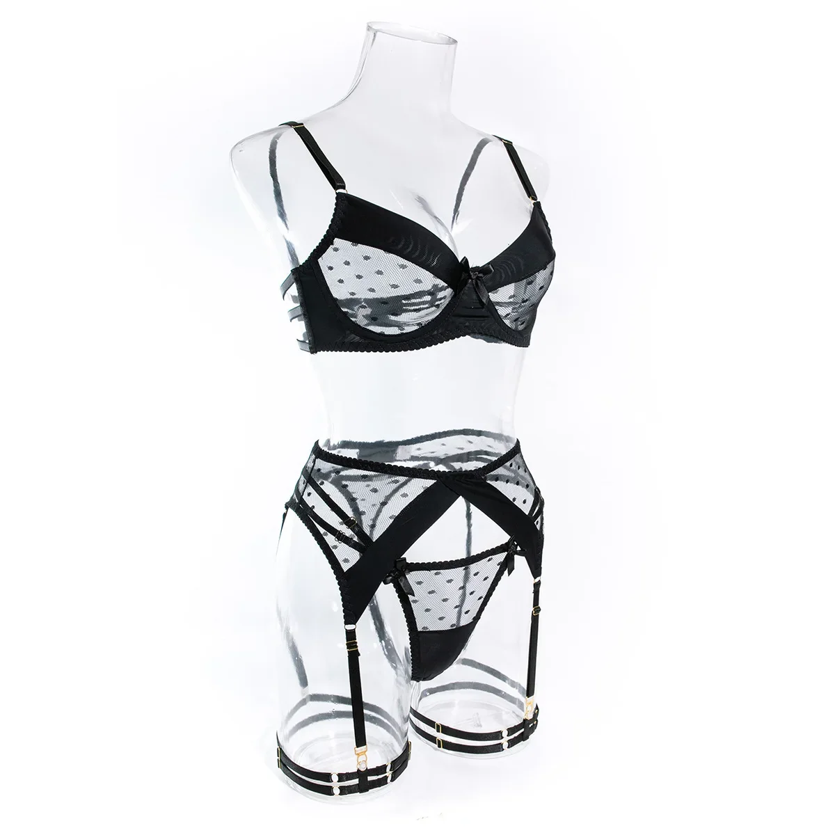 

2025 Spring Cross border New Sexy Black Wave Point Perspective Fun Underwear Women's Four Piece Set