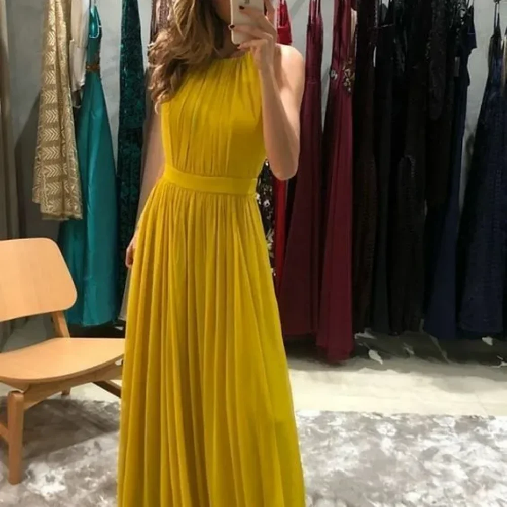 Elegant Simple Prom Dress Halter Chiffon Sleeveless A Line Evening Gown Casual Sweep Train Party Dress New Vestidos De Novia