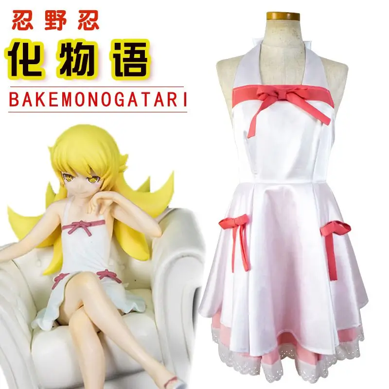 

Anime Bakemonogatari Oshino Shinobu Cosplay Costume Woman Lolita White Pink Dress Halloween Custom