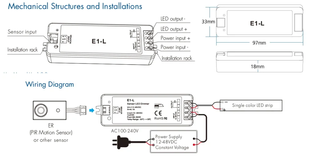 Skydance 12-48VDC Hand Sweep Sensor LED Dimmer Kits 8A MAX Output Power 96W-384W E1-L+EB(C) For Led Strip Lights