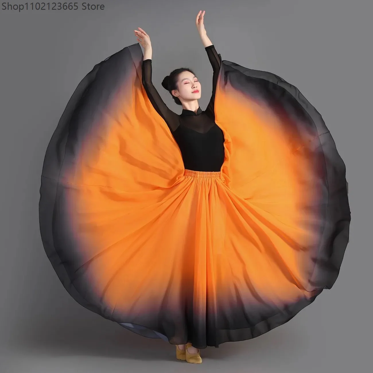 Women's Classical Dance Training Skirt  720-degree Full-skirt Chiffon Dress Retro Ombre Multi-color Flamenco Performance Skirts
