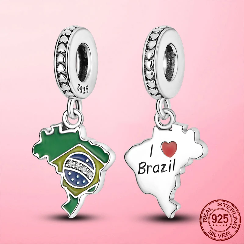 Dangle Charm Pendant 925 Silver Spain Chile Brazil Flag Love Charm Beads fit Original Pandora Bracelet DIY Jewelry