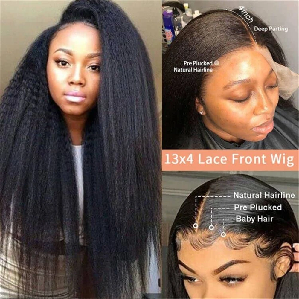 Wig rambut manusia lurus Kinky untuk wanita hitam dengan kepadatan 180% Wig renda rambut Virgin lurus Yaki Brasil warna alami