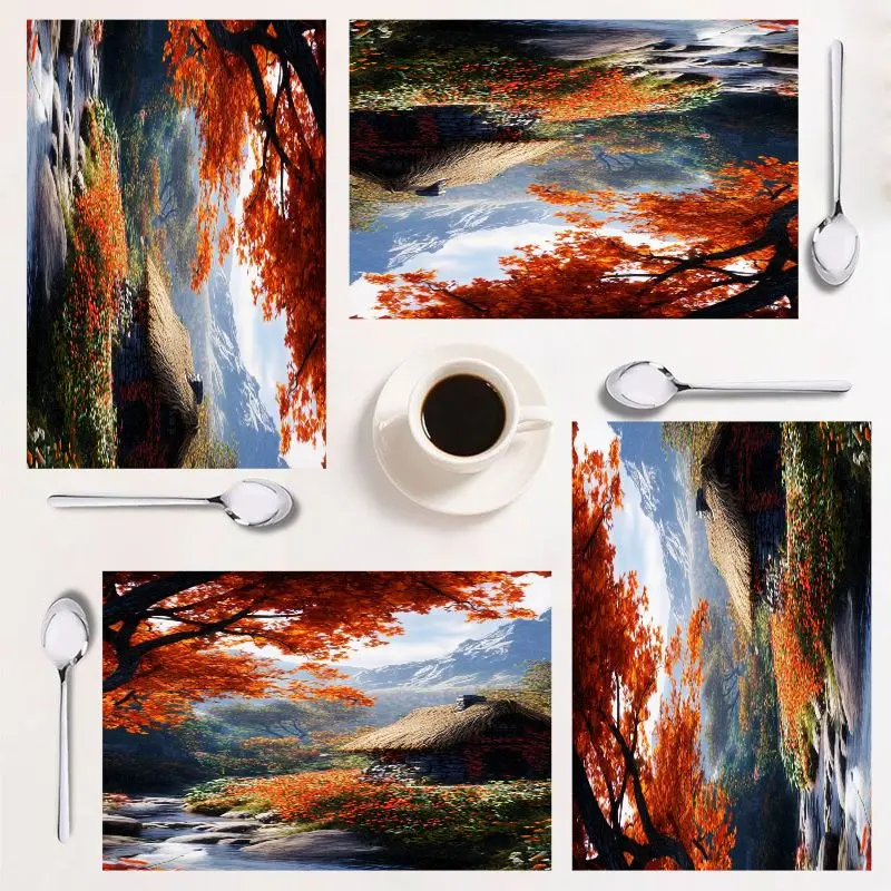 

Набор обеденных подставок из 4 предметов, дизайн осенних пейзажей, легко чистится, прямоугольный, стильный домашний декор для кухонных встреч.