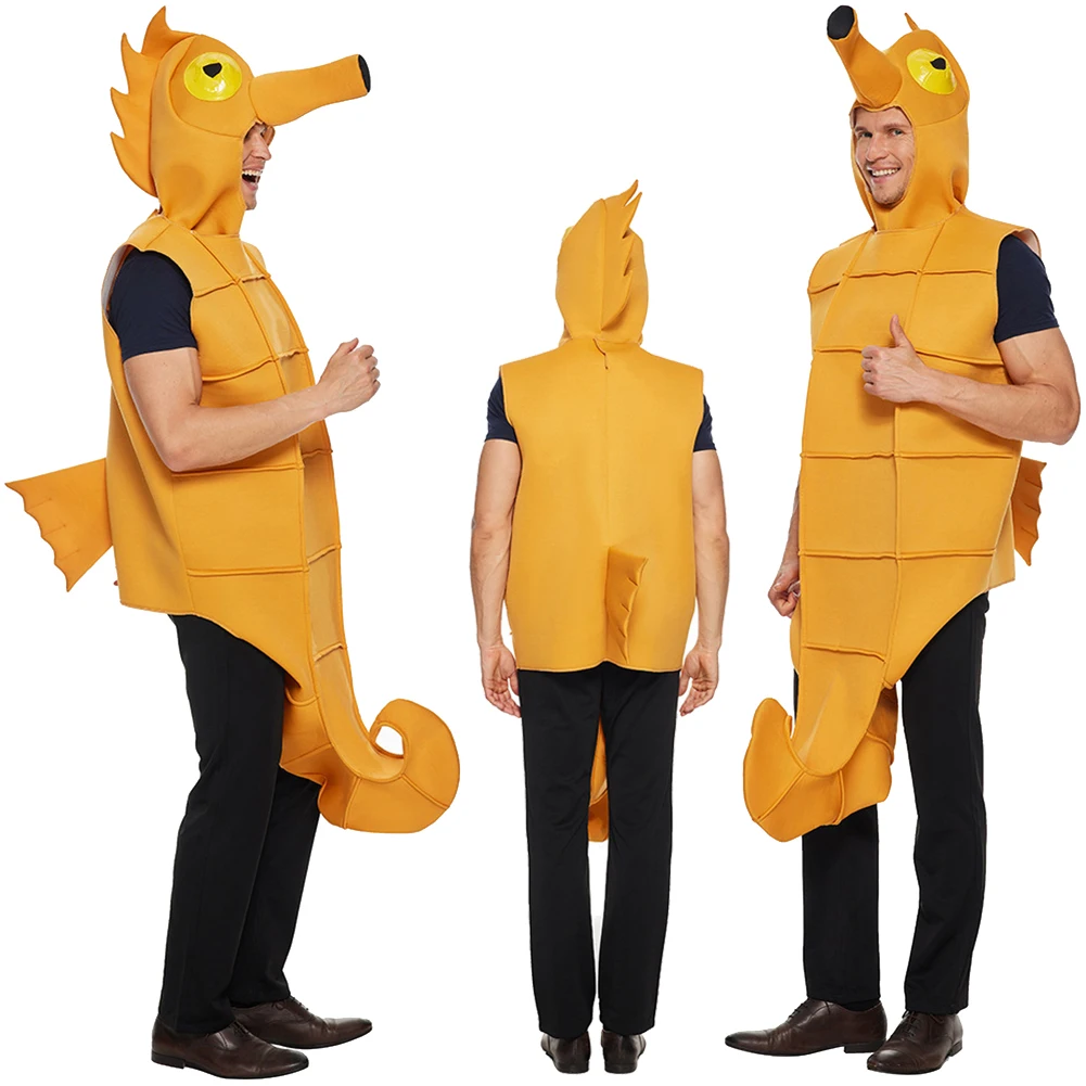 

Комбинезоны для косплея с изображением морского конька, желтая одежда для взрослых, унисекс, вечерние маскировочные наряды, костюмы для ролевых игр, костюм на Хэллоуин, карнавал