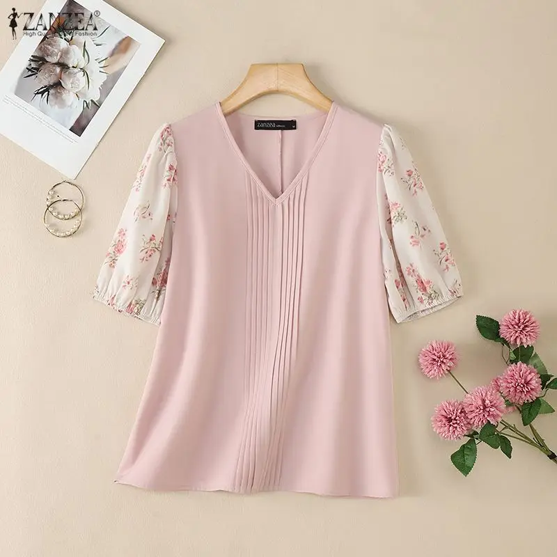 

2026 ZANZEA Летняя женская блузка: стильная повседневная рубашка для отпуска и работы, элегантная с V-образным вырезом, с коротким рукавом, с цветочным пэчворком