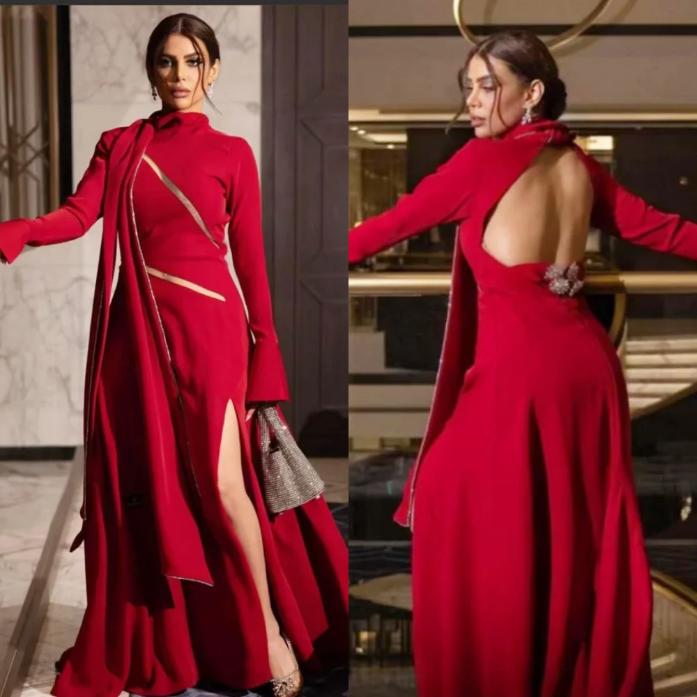 Vestidos largos de cuello alto de línea a con pliegues de diamantes de imitación de Jersey exquisito clásico, vestidos de celebridades a juego de alta calidad