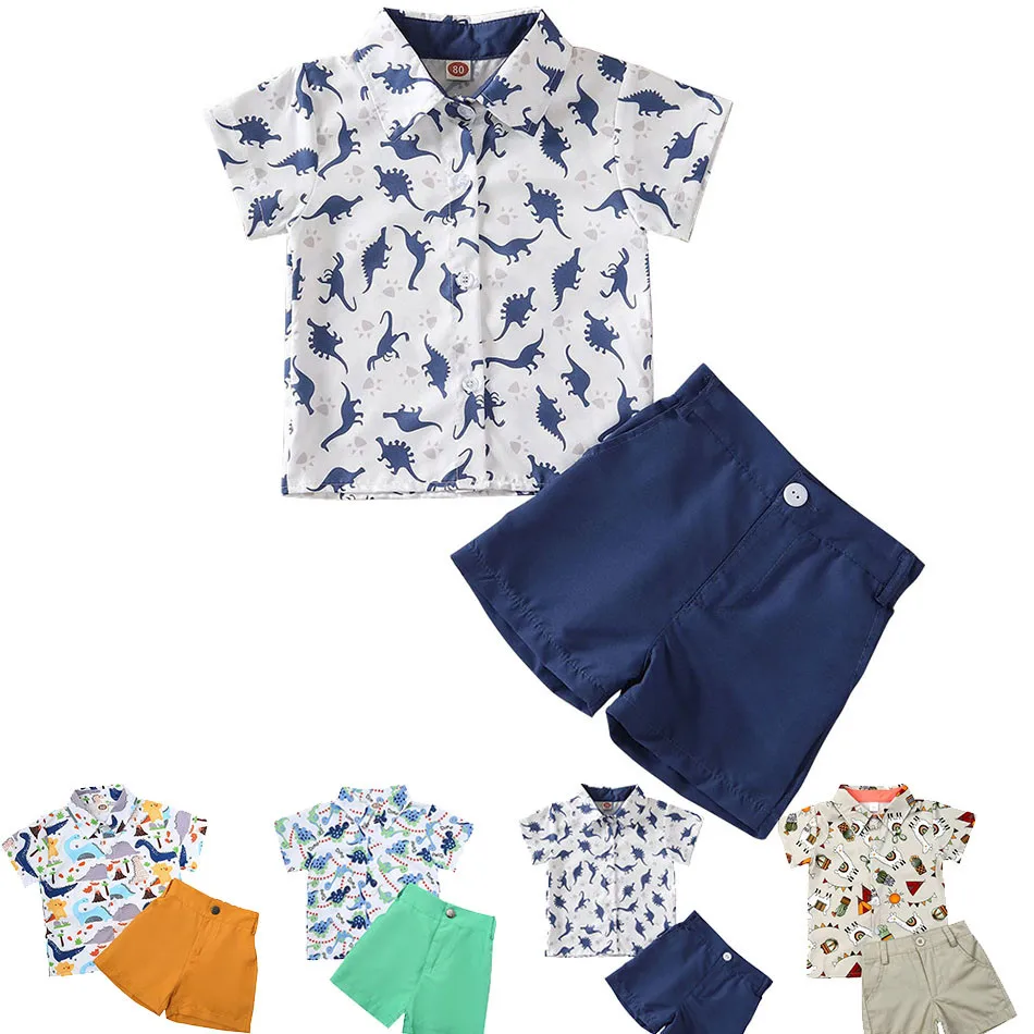 Kids Summer Clothing Set Children Fashion Short Sleeve Dino Print Shirt and Shorts Outfit Boys School Clothes for Playful Days