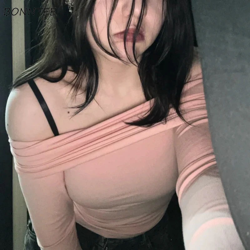 

Pullovers Women Long-sleeve Slim Casual Tops Knitting Off Shoulder All-match Sexy Personality Ulzzang Attractive Solid Trendy