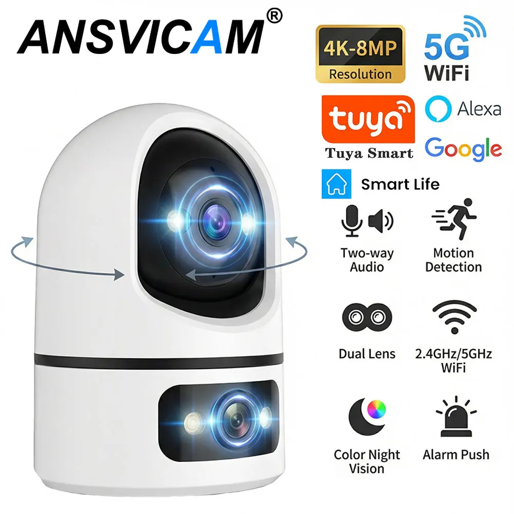 

4K 8MP 5G Wifi Tuya Camera Dual Lens Dual Screen Indoor Baby Monitor Smart PTZ Security Surveillance Camera Support Alexa Google