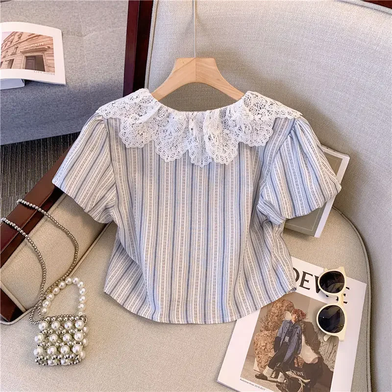 Fashion V-Neck Striped Lace Bow ShoBow Rt Sleeve Shirt Summer New 2024 Contrast Color Temperament Elegant Slim Pullovers Tops