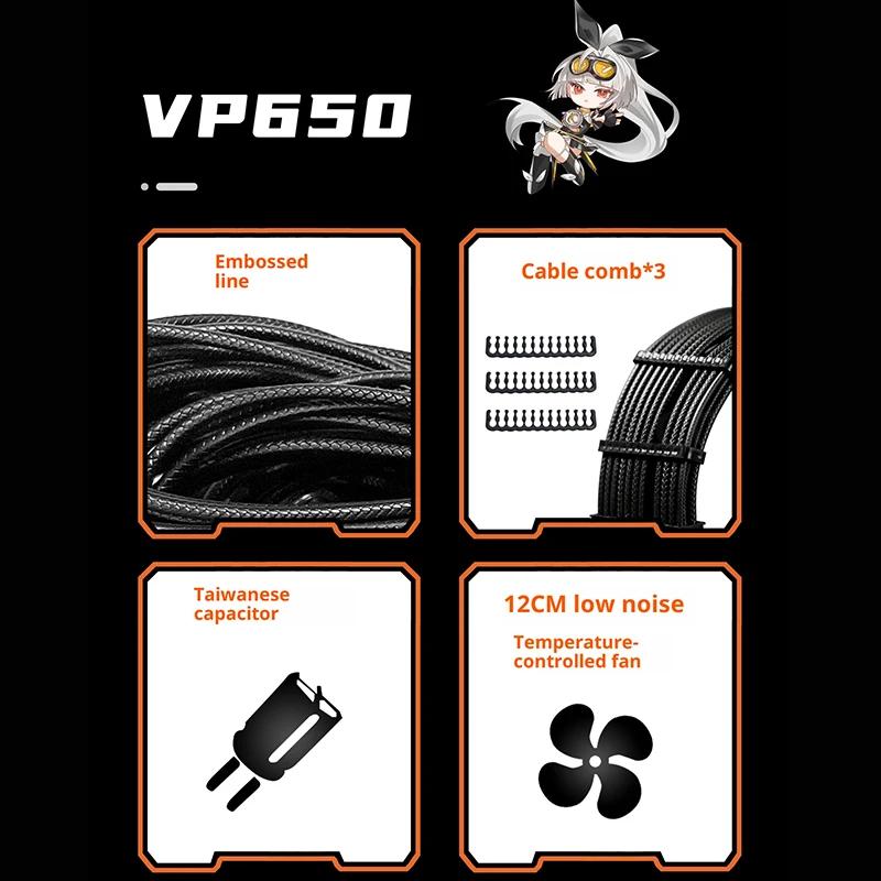 Zasilacz Power Train X-GAMERX VP 650W 750W 850W, wytłaczana listwa kablowa, wentylator 120mm z kontrolą temperatury, ochrona przed przeciążeniem.